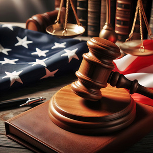 31 Mallet of the judge and American flag on woode