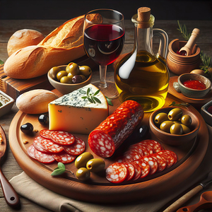 A wooden board with a variety of foods such as ch