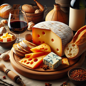 A wooden board with a variety of foods such as ch 1715187968.041