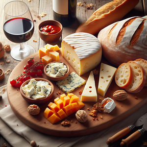 A wooden board with a variety of foods such as ch 1715187977.6211