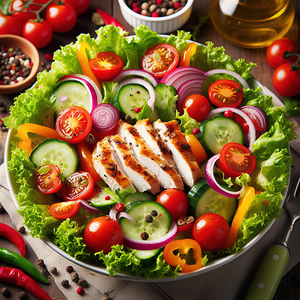 Chicken salad with tomato lettuce on wooden board