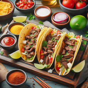 Delicious tacos on a plate placed on wooden table 1714682784.3982