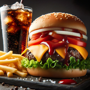 Hamburger french fries and drink on white 10