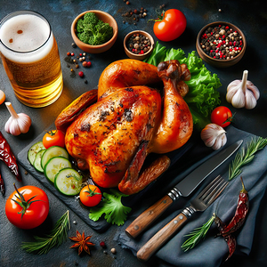 Roasted chicken on wooden board 7