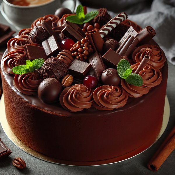 225 Chocolate cake with red berries and fruitscho Print