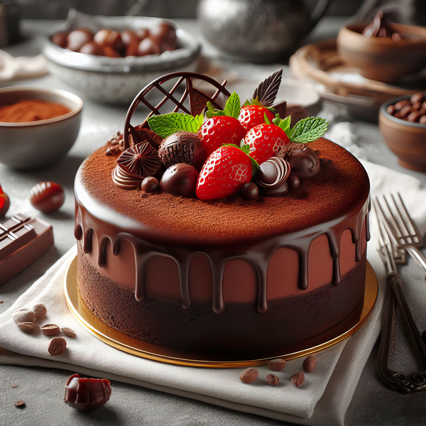 226 Chocolate cake with red berries and fruitscho Print