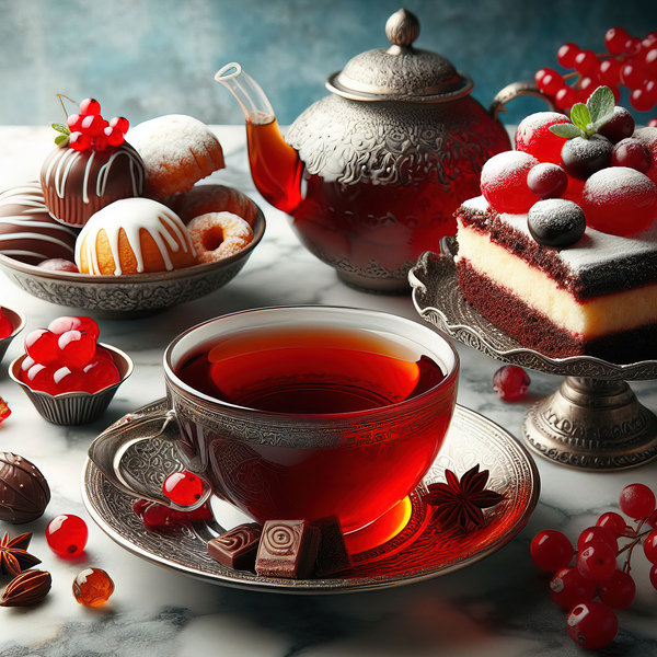 269 Two cups of red tea with cakes and sweets on Print