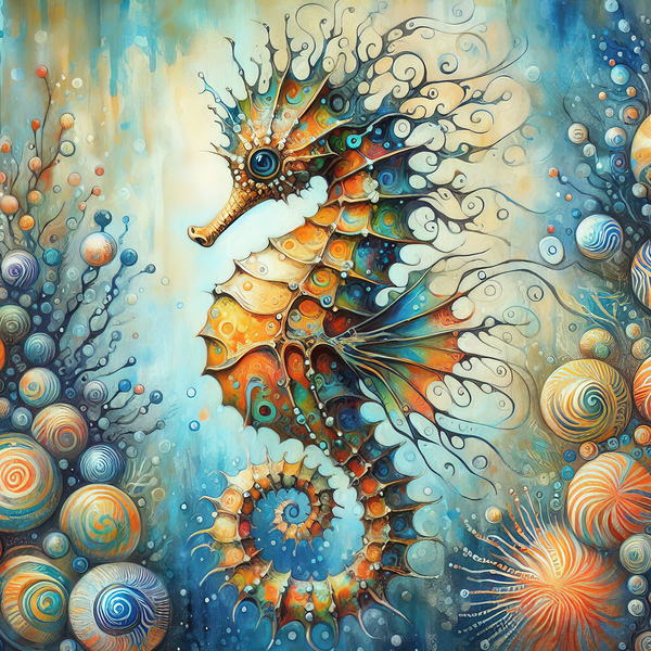 300 Mixed media painting of a whimsical seahorse. Print