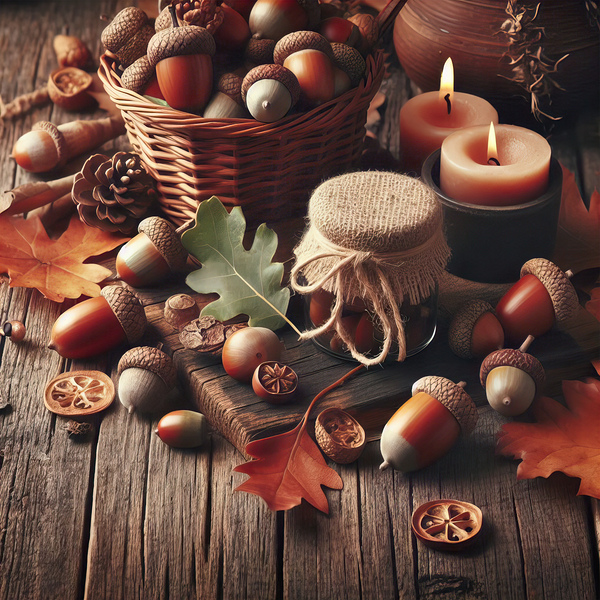 300 acorns and leaves on wooden table with copy s Print