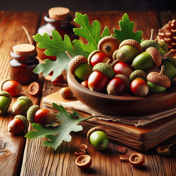 302 acorns and leaves on wooden table with copy s Print