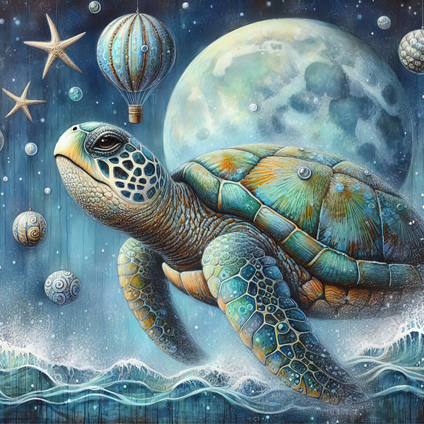 324 Mixed media painting of a whimsical sea turtl Print