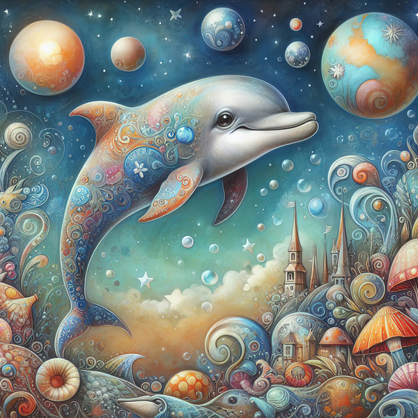 371 Mixed media painting of a whimsical dolphin.j Print