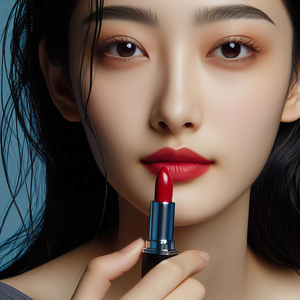 386 Women s red lipstick on blue background femin Print