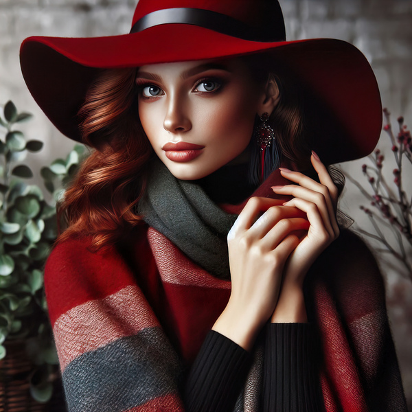 53 Elegant Woman in Red Hat and Scarf Print