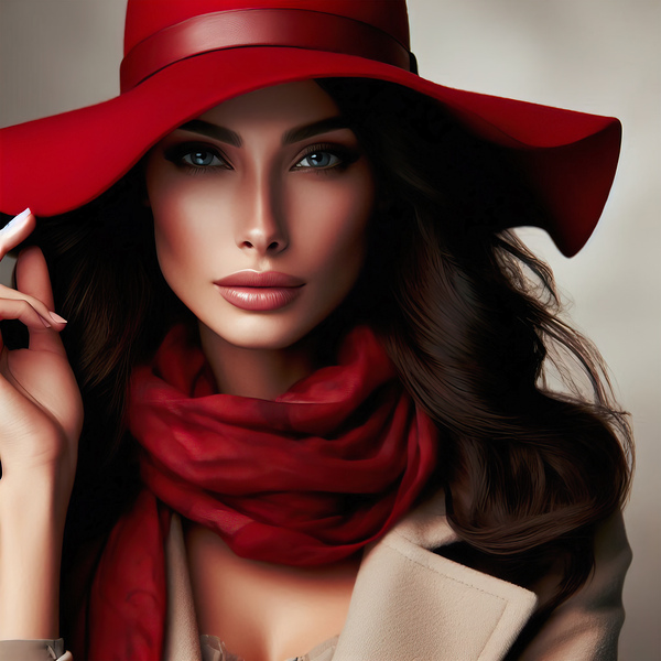 56 Elegant Woman in Red Hat and Scarf Print