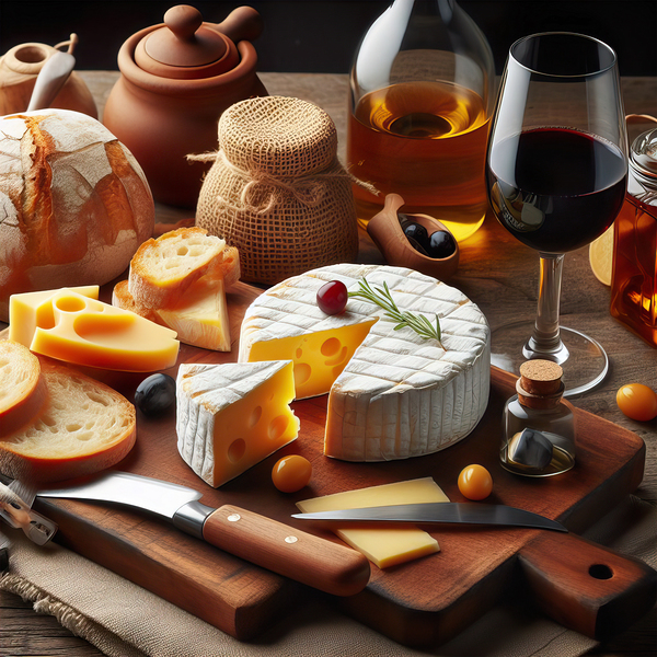 A wooden board with a variety of foods such as ch 1715187971.1457 Print