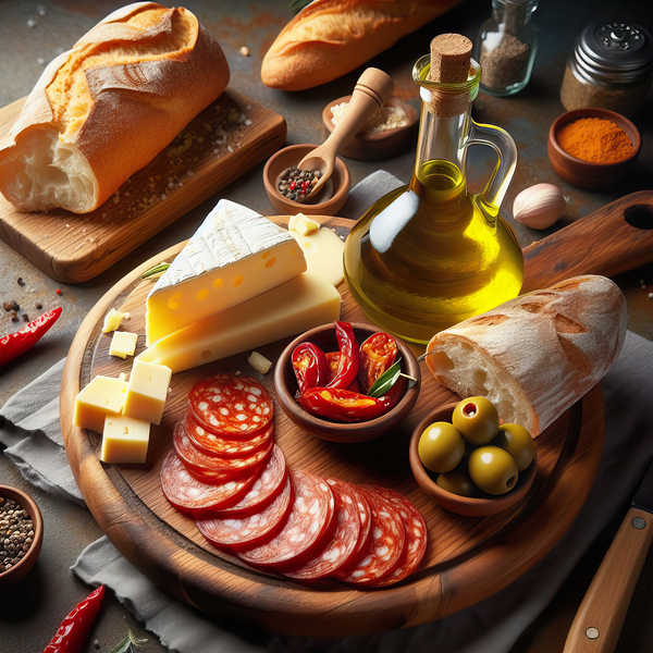 A wooden board with a variety of foods such as ch 1715187976.0502 Print