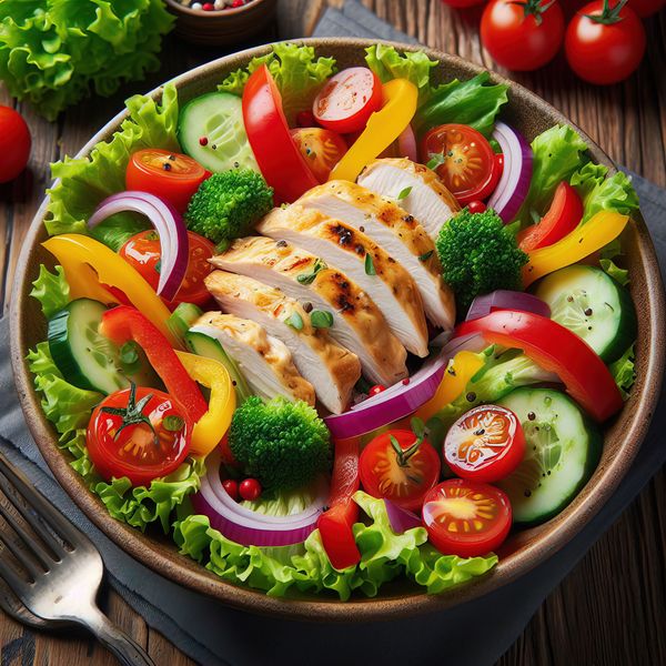 Chicken salad with tomato lettuce on wooden board 1715271873.2538 Print