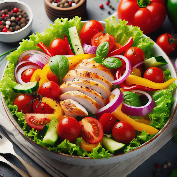 Chicken salad with tomato lettuce on wooden board 1715271954.6278 Print