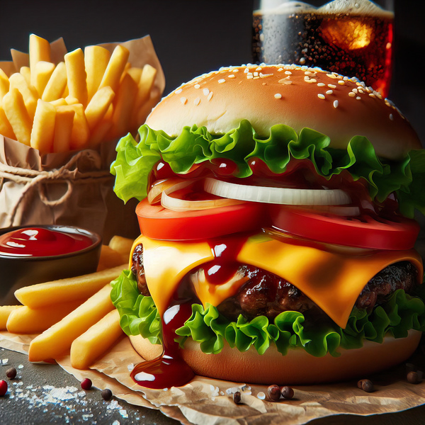 Hamburger french fries and drink on white 4 Print