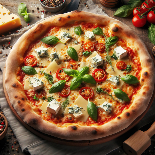 a delicious Italian salami cheese pizza over a wo Print