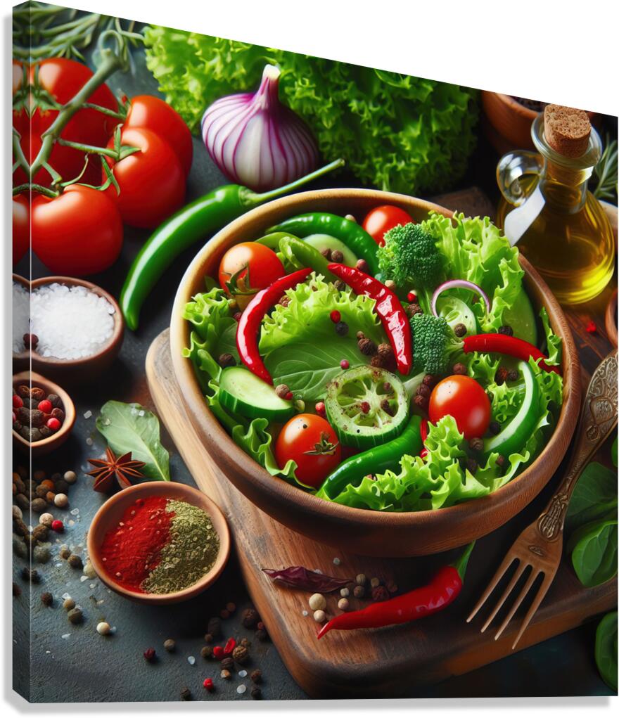 Healthy and natural onion tomato lettuce salad 10 Canvas Print