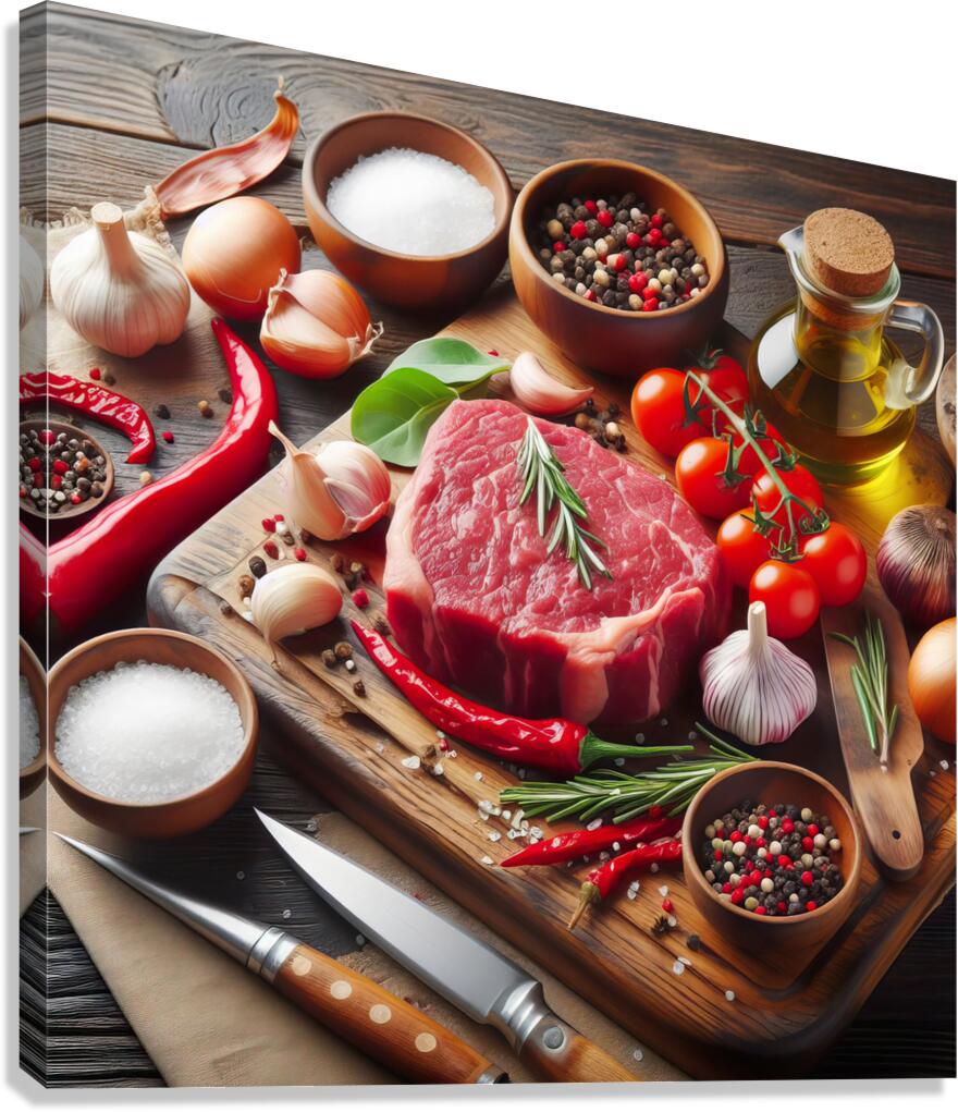 fresh raw steak meat on wooden board with rosemar 1714412266.5902 Canvas Print
