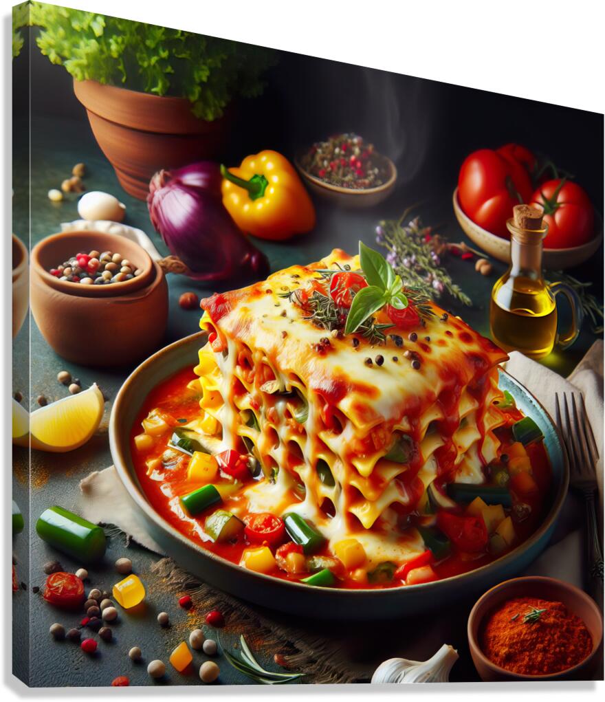 a plate of lasagna on a table with exquisite deco 1714414426.2011 Canvas Print
