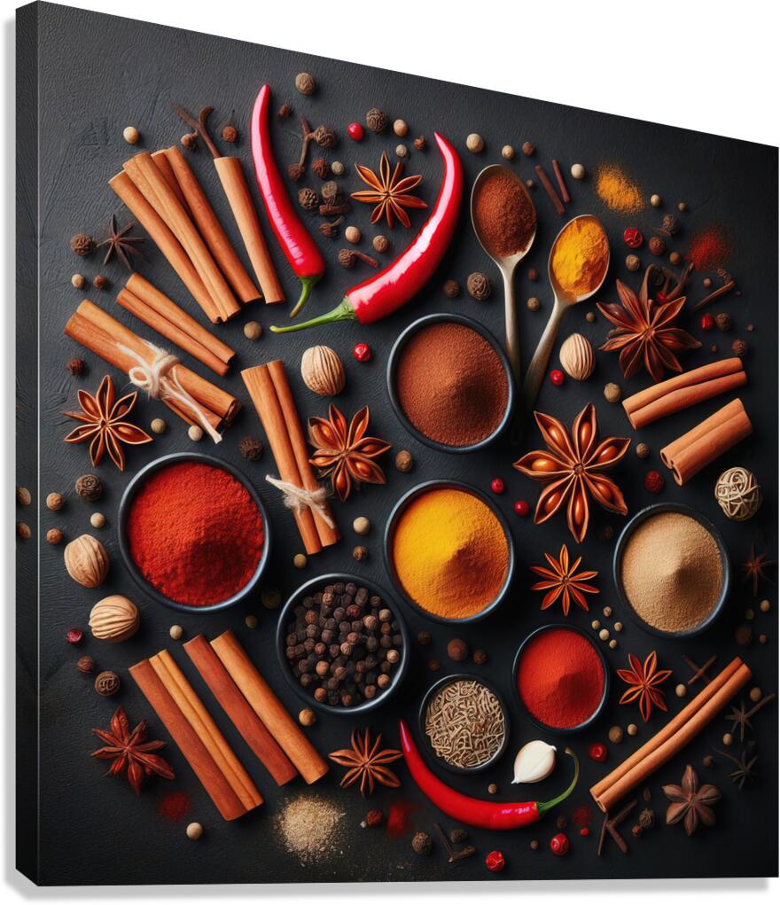 Spices on black background 1 Canvas Print