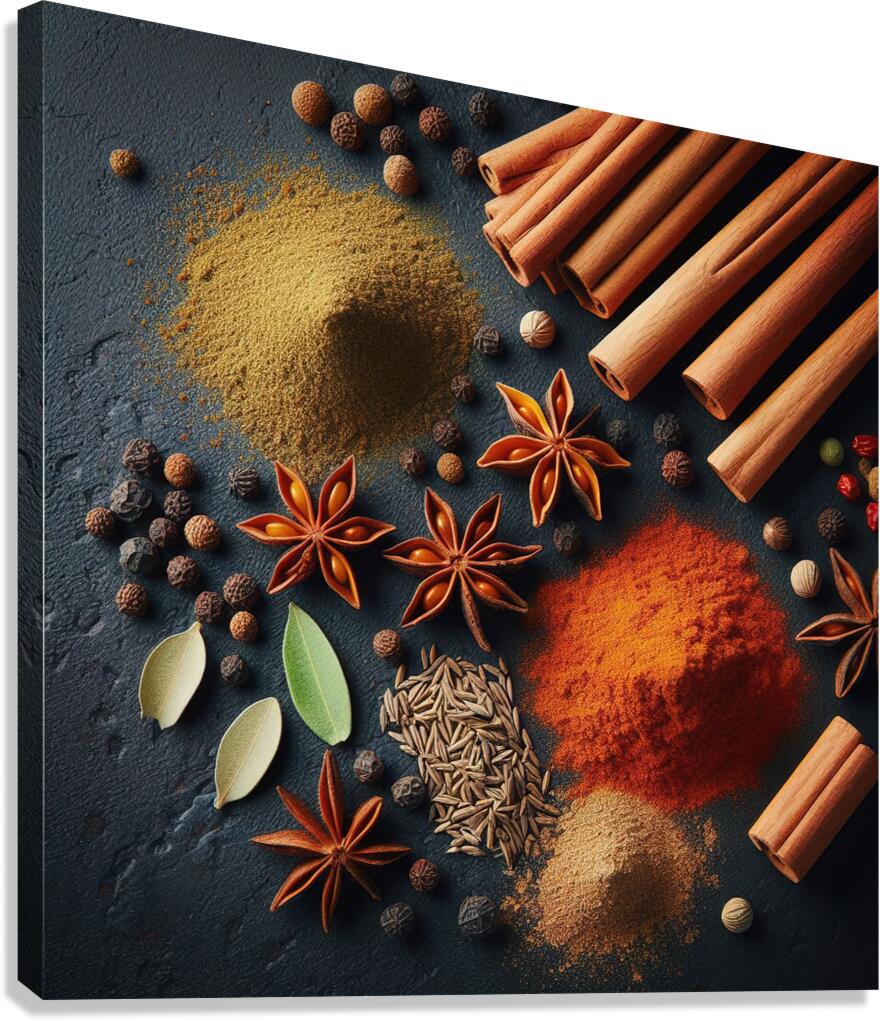 Spices on black background 4 Canvas Print
