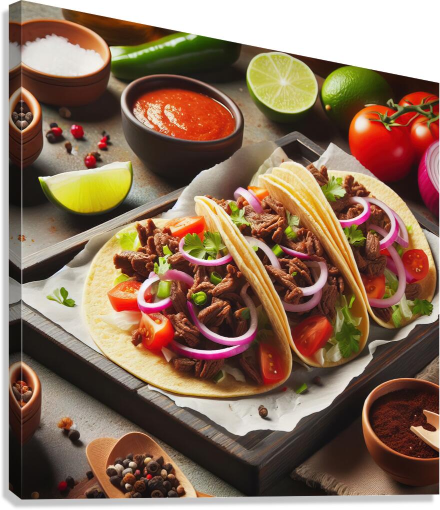 Delicious tacos on a plate placed on wooden table 1714682769.5112 Canvas Print