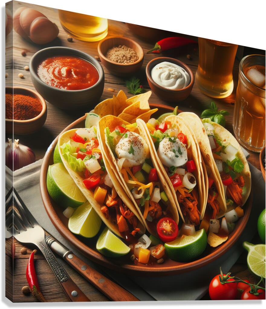 Delicious tacos on a plate placed on wooden table 1714682781.6397 Canvas Print