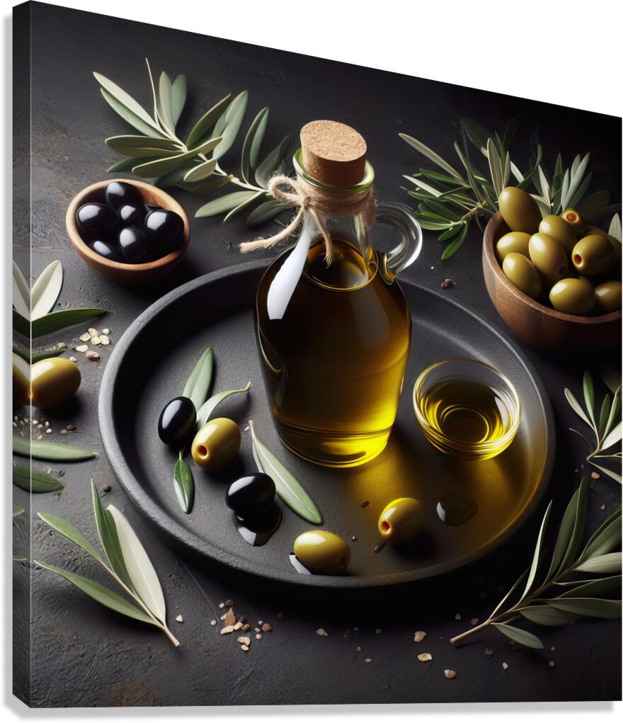 a bottle of extra virgin olive oil on a rustic ba 1714940180.9181 Canvas Print