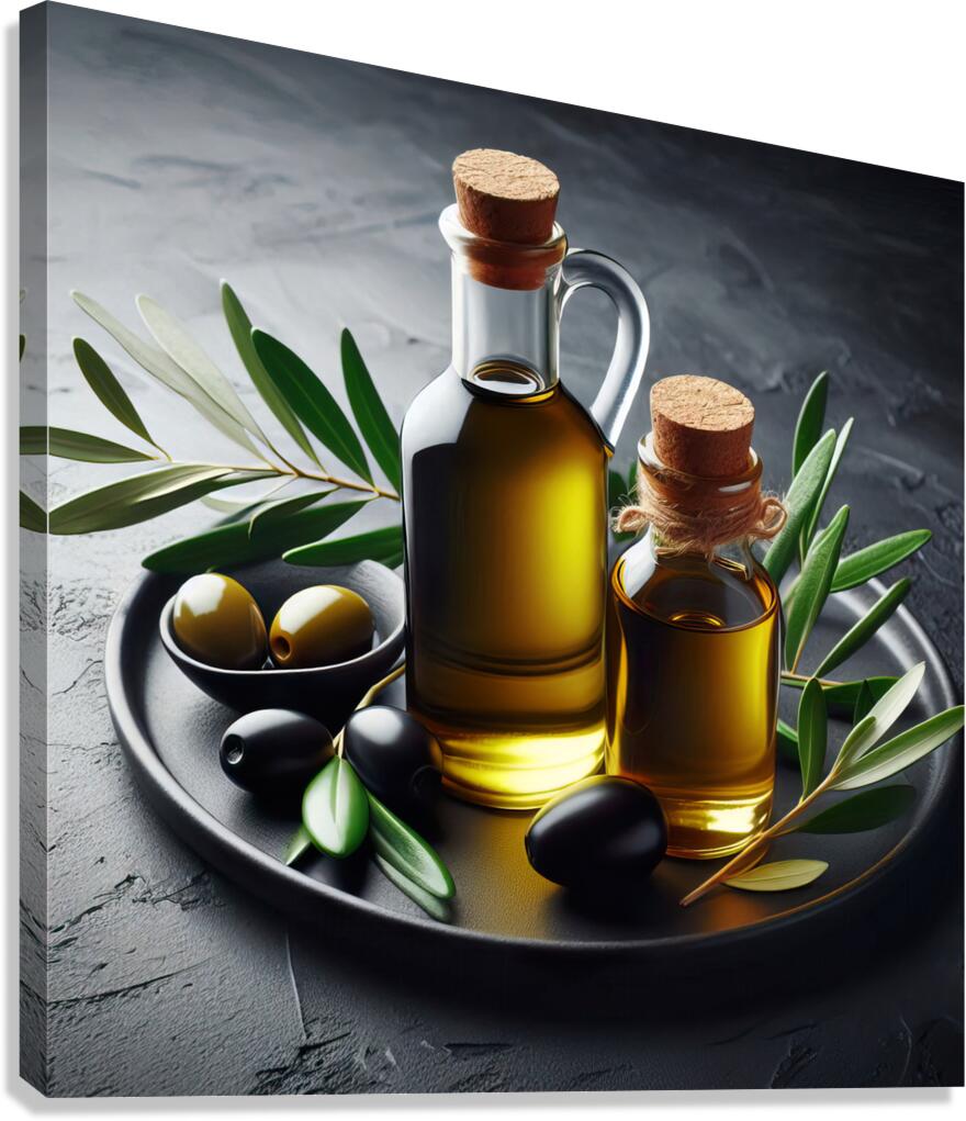 a bottle of extra virgin olive oil on a rustic ba 1714940173.2876 Canvas Print