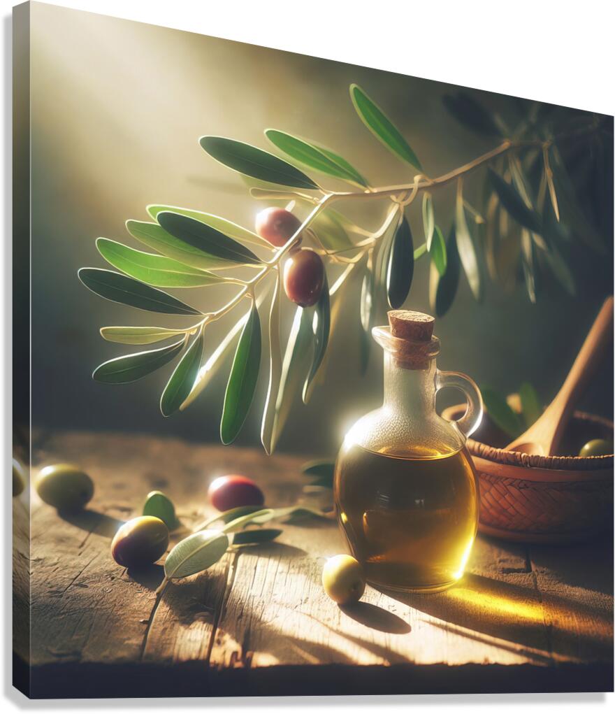 a bottle of extra virgin olive oil on a rustic ba 1714940152.7975 Canvas Print