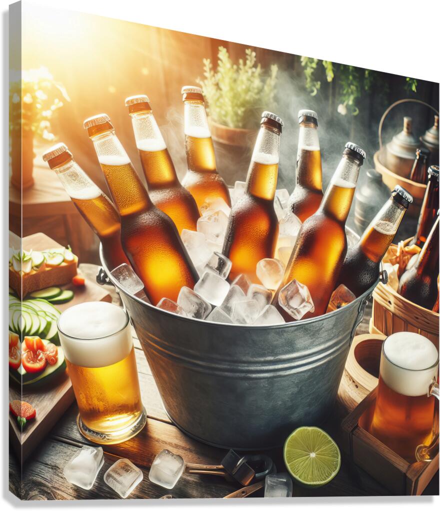 Metal bucket with beer bottles and ice cubes 17.j Canvas Print