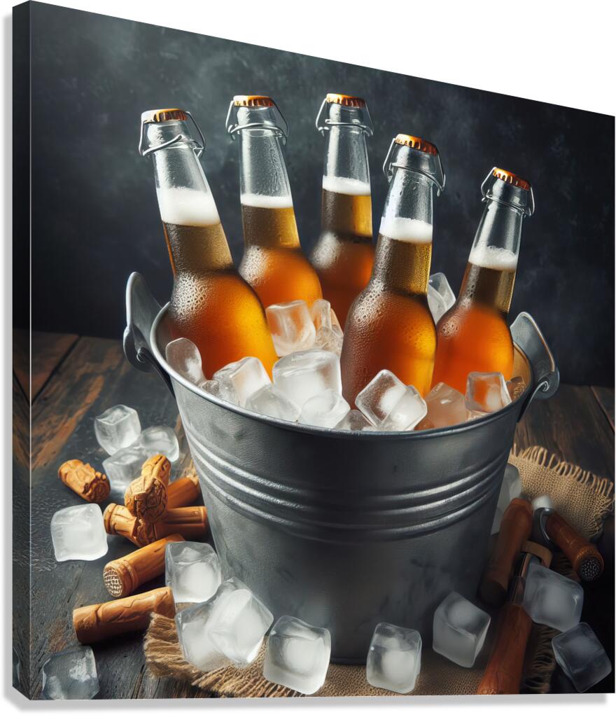 Metal bucket with beer bottles and ice cubes 3.jp Canvas Print