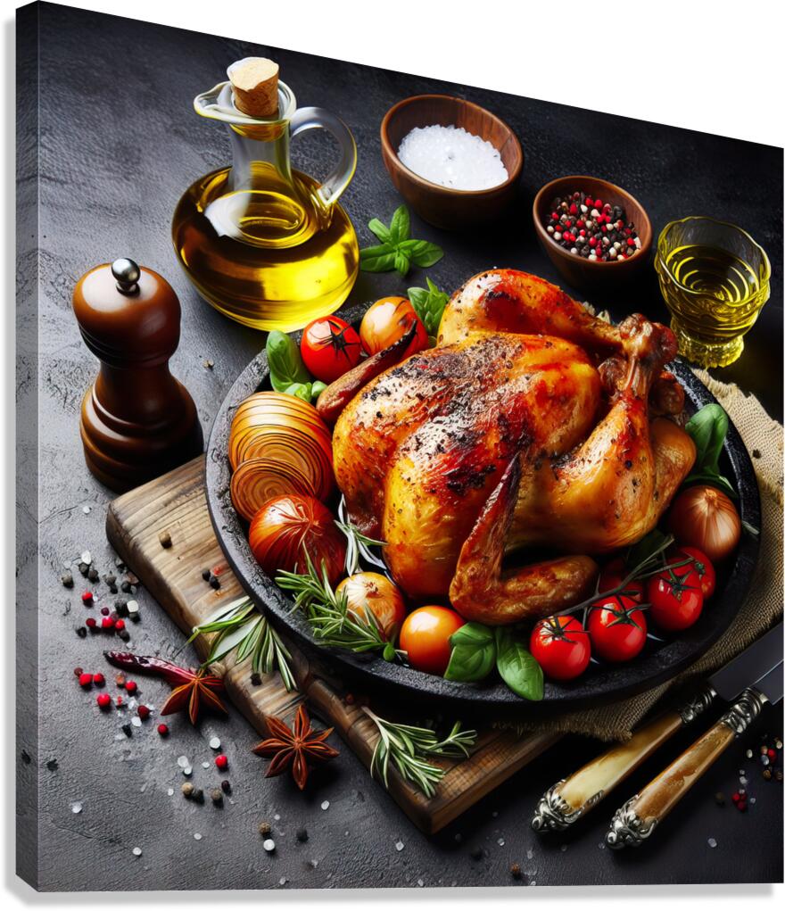 Roasted chicken on wooden board 11 Canvas Print