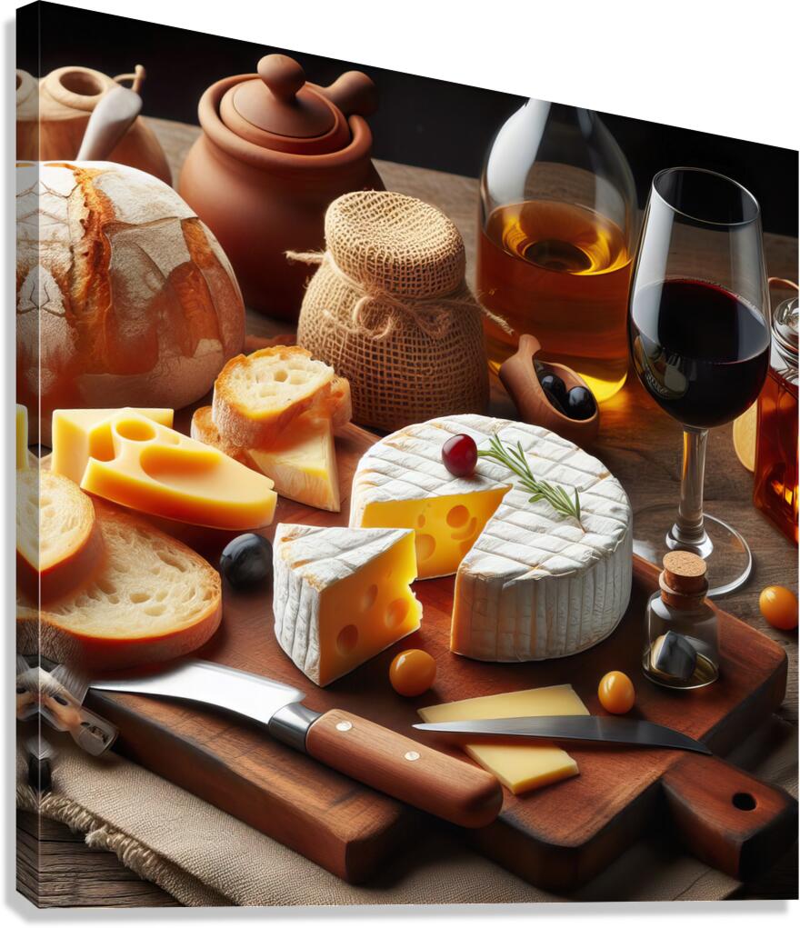 A wooden board with a variety of foods such as ch 1715187971.1457 Canvas Print