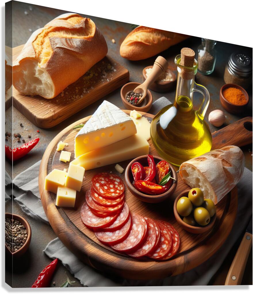 A wooden board with a variety of foods such as ch 1715187976.0502 Canvas Print