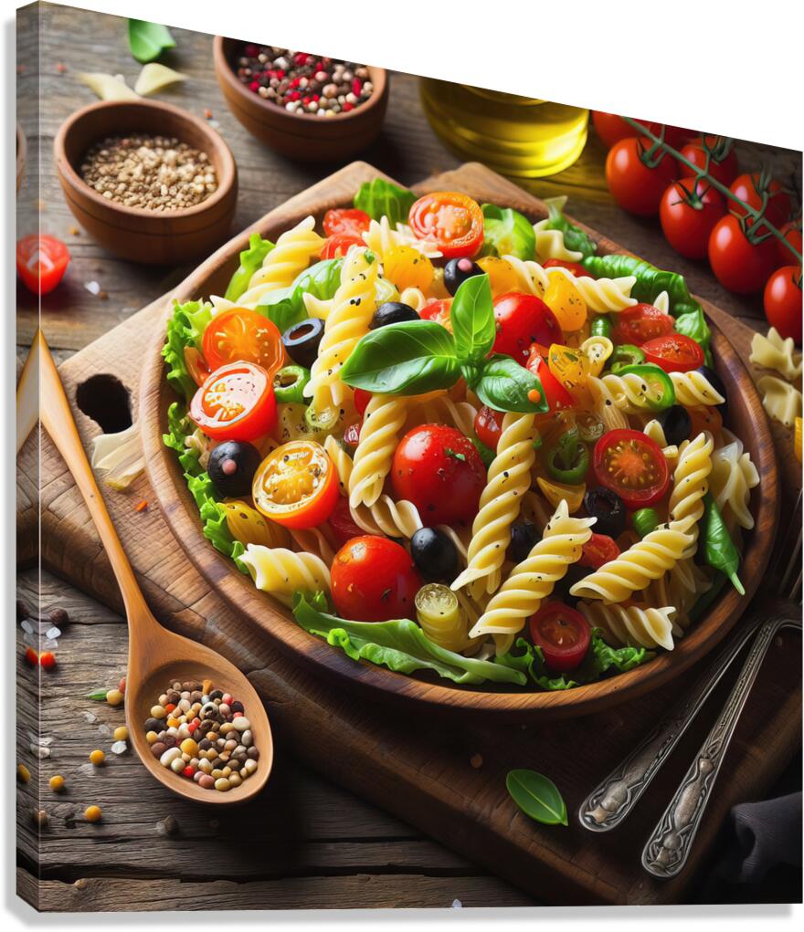 Italian pasta salad on wooden board 8 Canvas Print