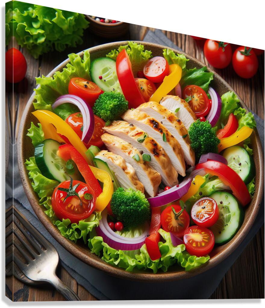 Chicken salad with tomato lettuce on wooden board 1715271873.2538 Canvas Print