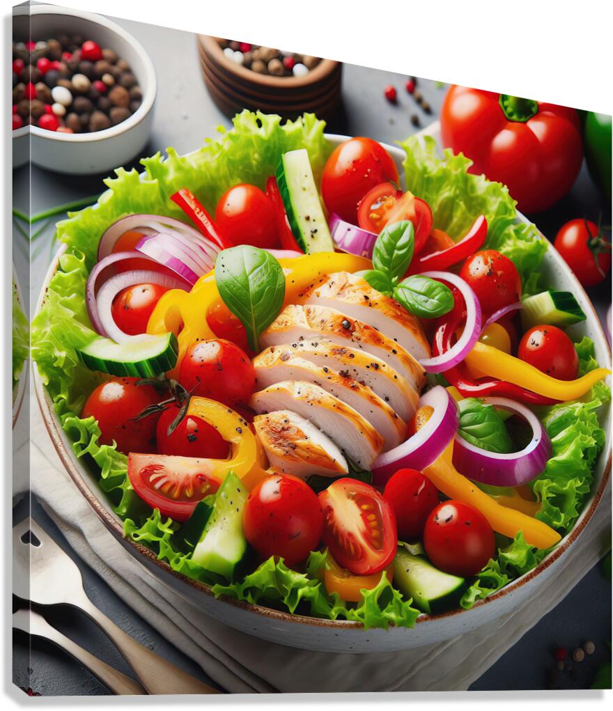 Chicken salad with tomato lettuce on wooden board 1715271954.6278 Canvas Print