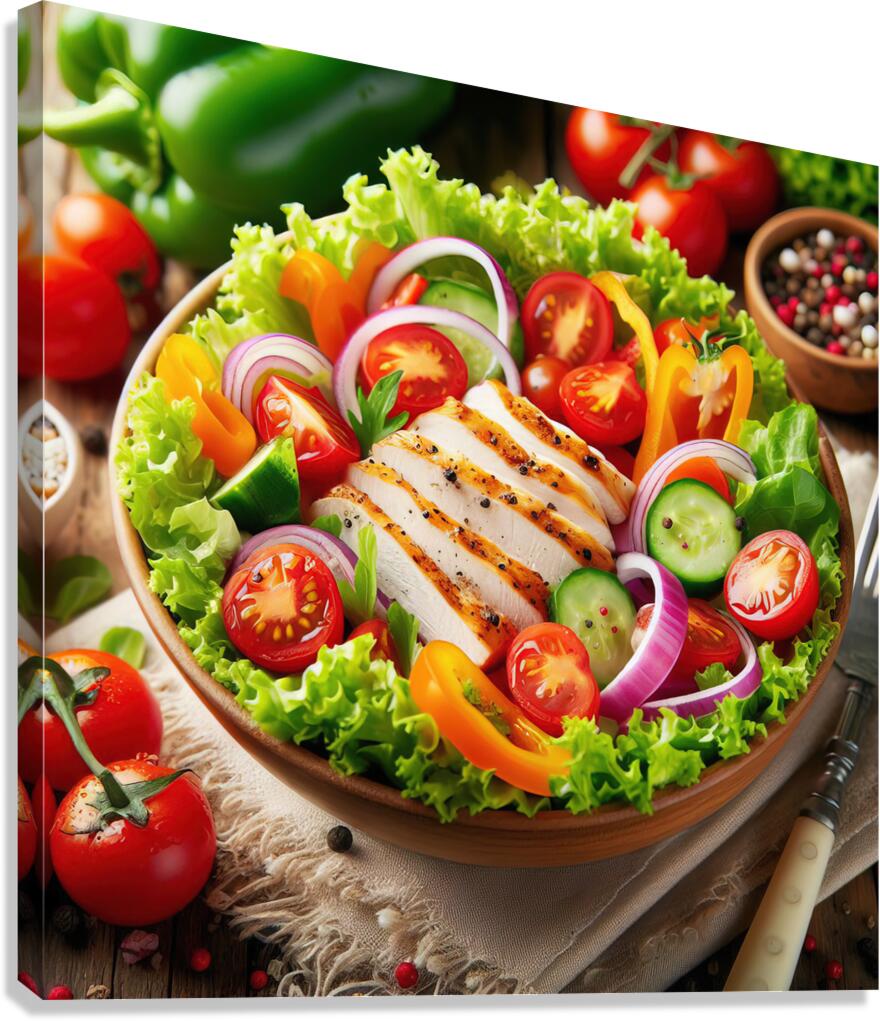 Chicken salad with tomato lettuce on wooden board 1715271953.3073 Canvas Print