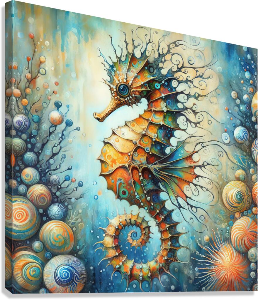 300 Mixed media painting of a whimsical seahorse. Canvas Print