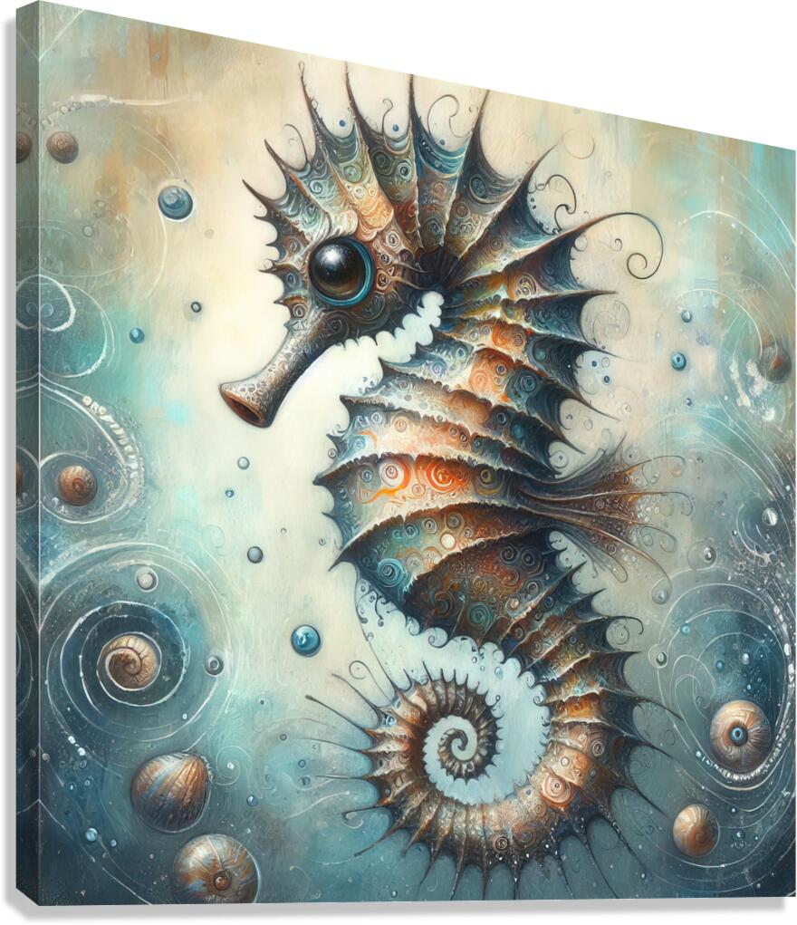 292 Mixed media painting of a whimsical seahorse. Canvas Print