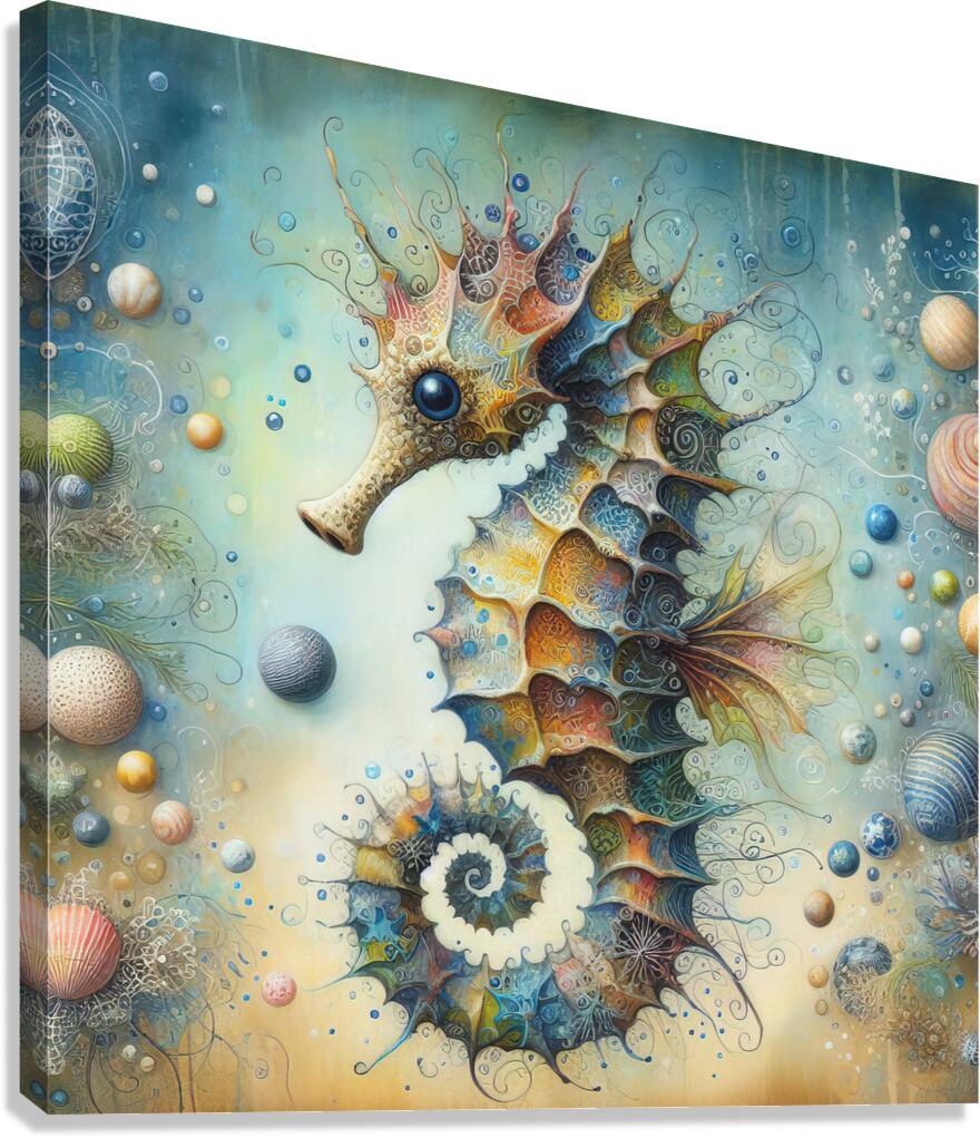 299 Mixed media painting of a whimsical seahorse. Canvas Print