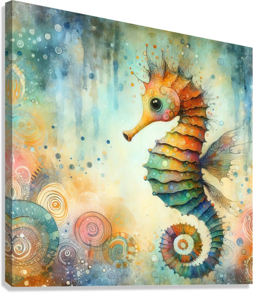 291 Mixed media painting of a whimsical seahorse. Canvas Print