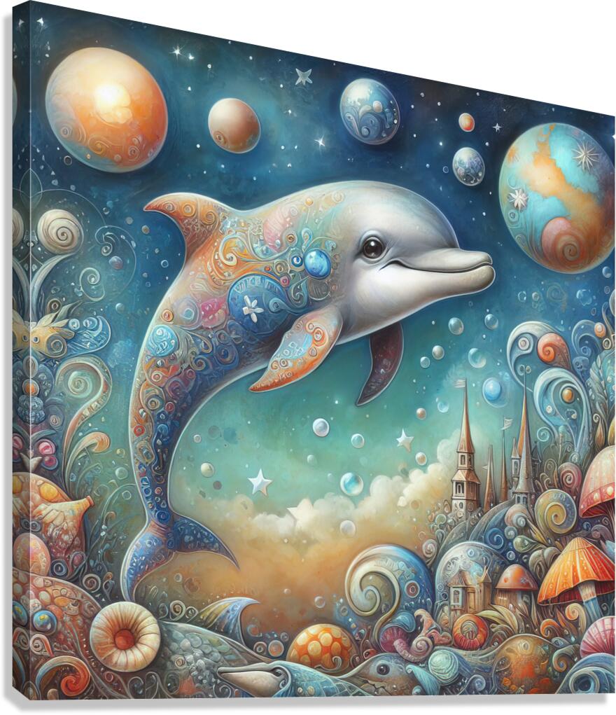 371 Mixed media painting of a whimsical dolphin.j Canvas Print