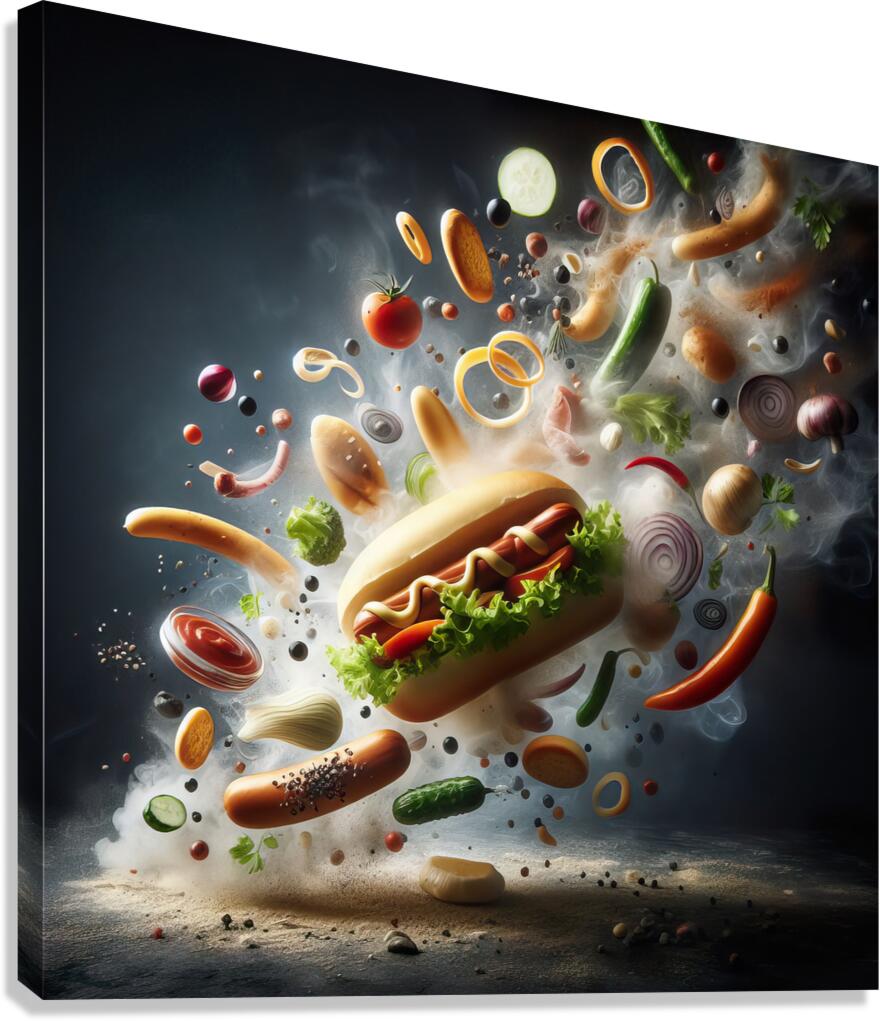 150 Creative food concept. Delicious hotdog bun w Canvas Print